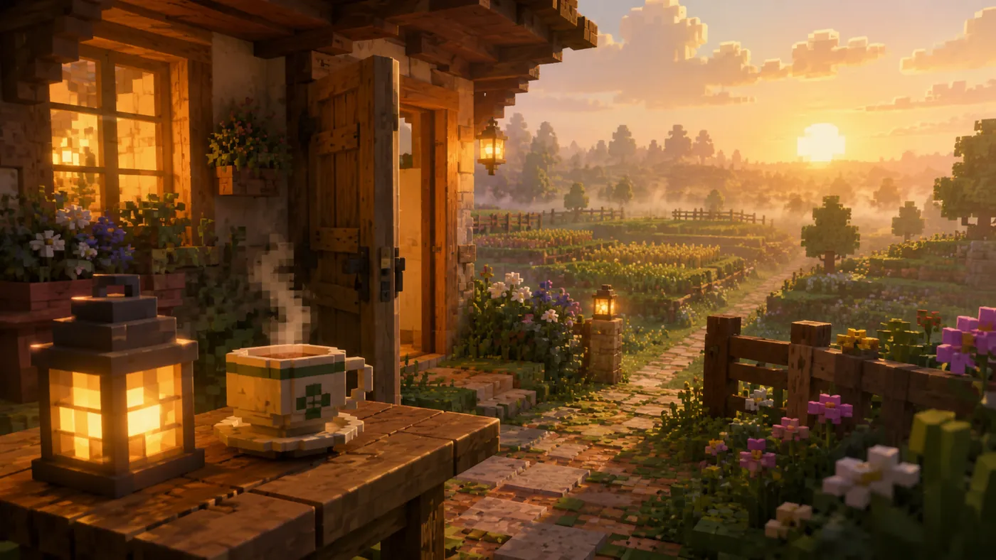 A lantern-lit plank porch at dusk with a welcome sign and a path leading into a blocky village.