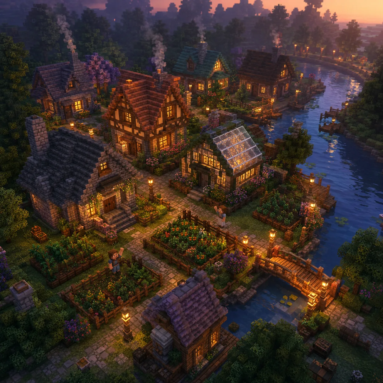 A village of lit cottages, greenhouses, and garden plots along a river at dusk, with neighbors waving to each other.