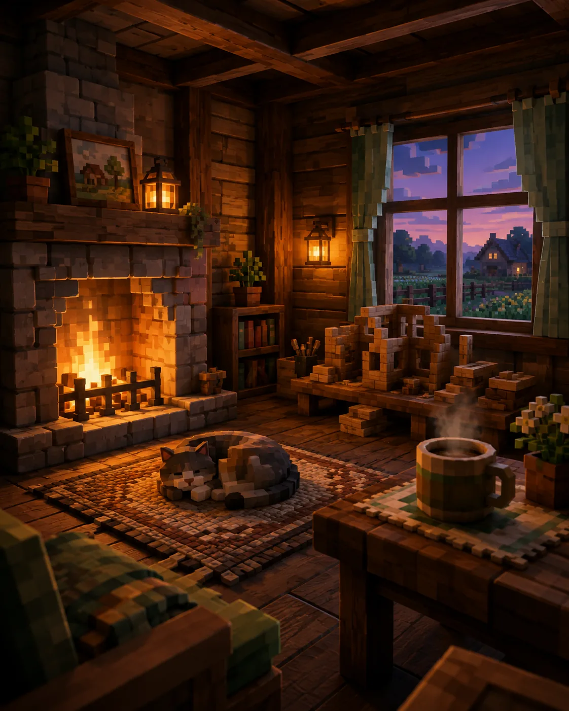 A cozy cabin interior at dusk with a crackling fireplace and a cat asleep on the rug.
