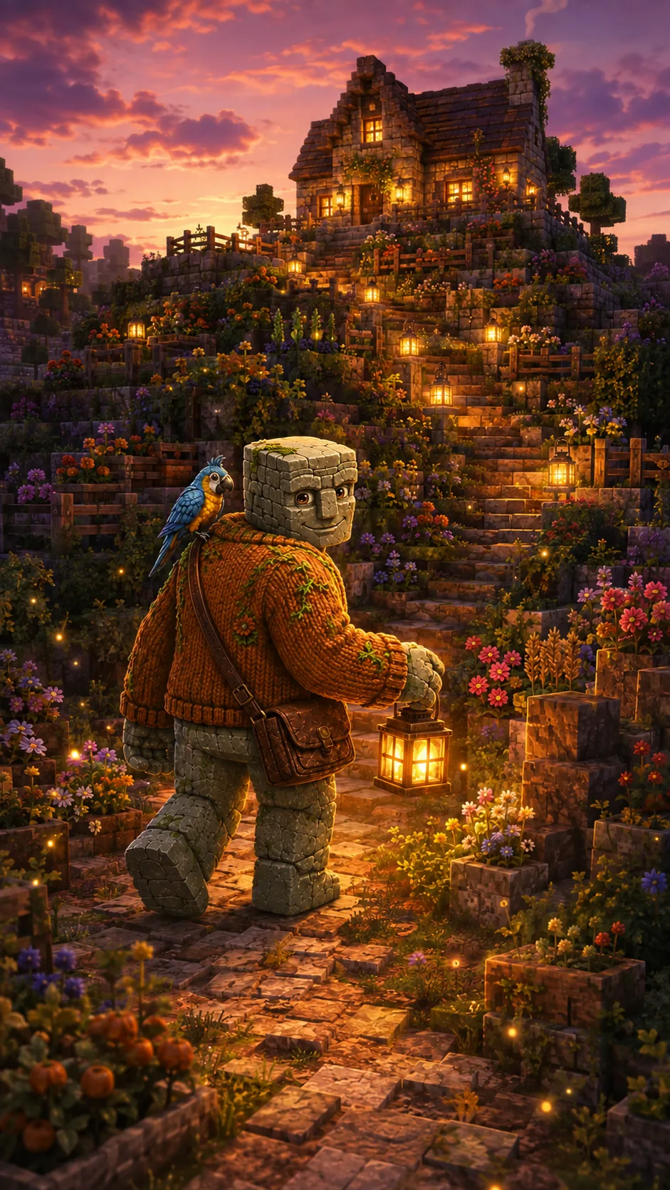 Homey the golem groundskeeper walking a lantern-lit garden path up to a hillside cottage at dusk.