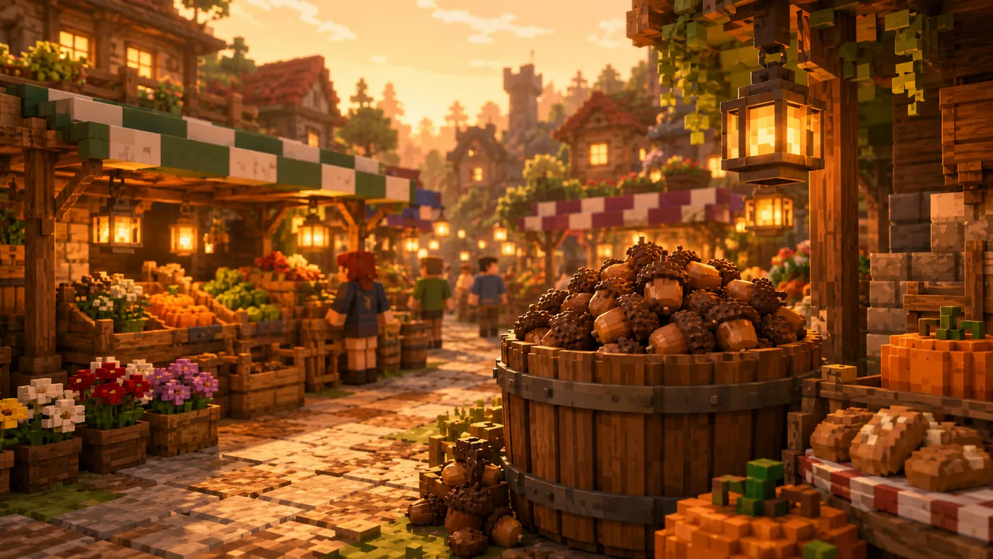 A busy blocky market street with trading stalls, crates of produce, and hanging lanterns.