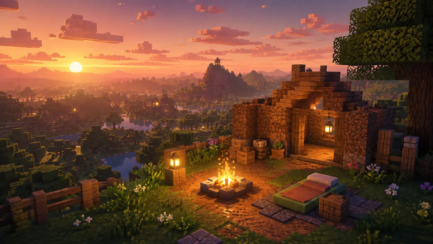 A first-night camp with a small plank shelter, a crafting table, and a campfire at dawn.