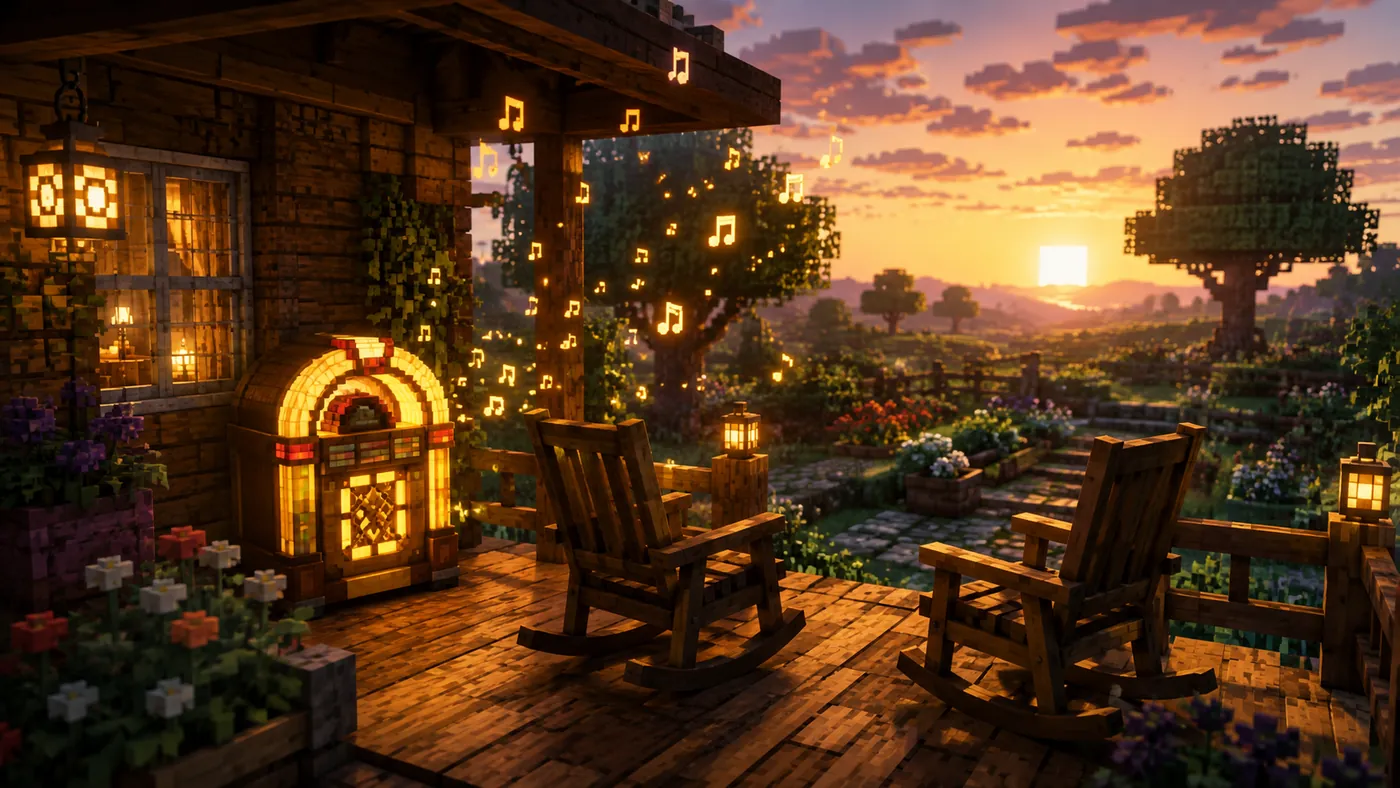 Two blocky neighbors chatting on a warm lantern-lit porch in the evening.