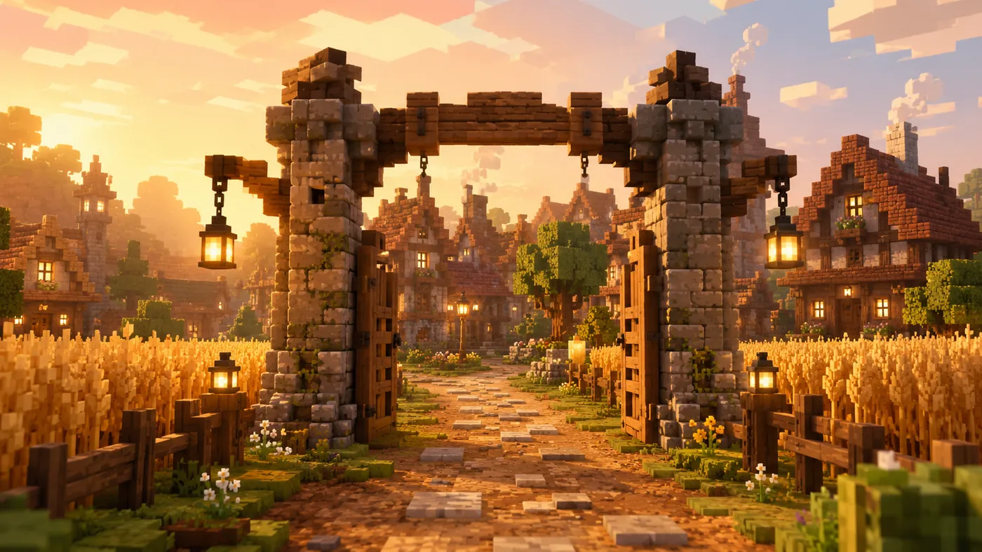 A stone and timber town gate with banners, opening onto a claimed blocky settlement.