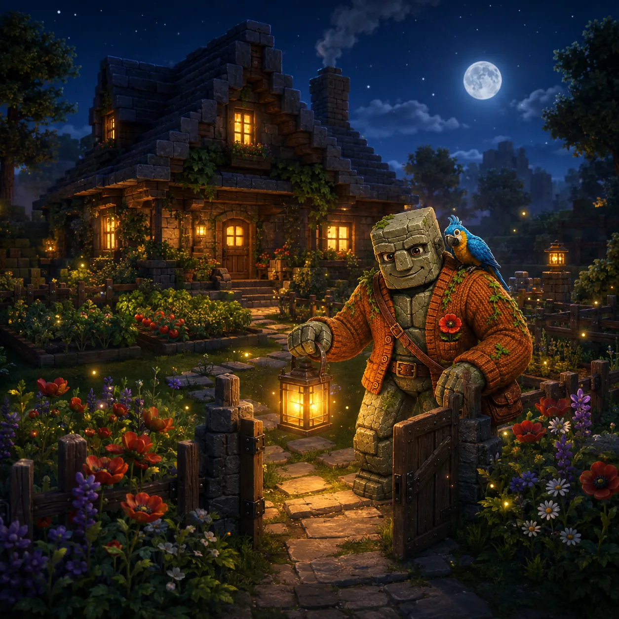 Homey the golem groundskeeper standing watch with a lantern at a cottage garden gate under the full moon.