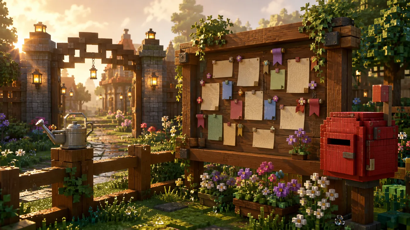 A wooden notice board covered in posters beside a lantern in a blocky village street.