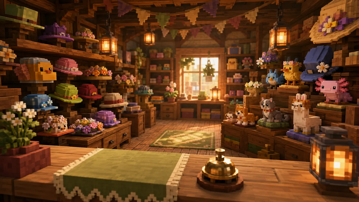 A cozy blocky shop front with an awning, hanging lanterns, and cosmetic hats on display.