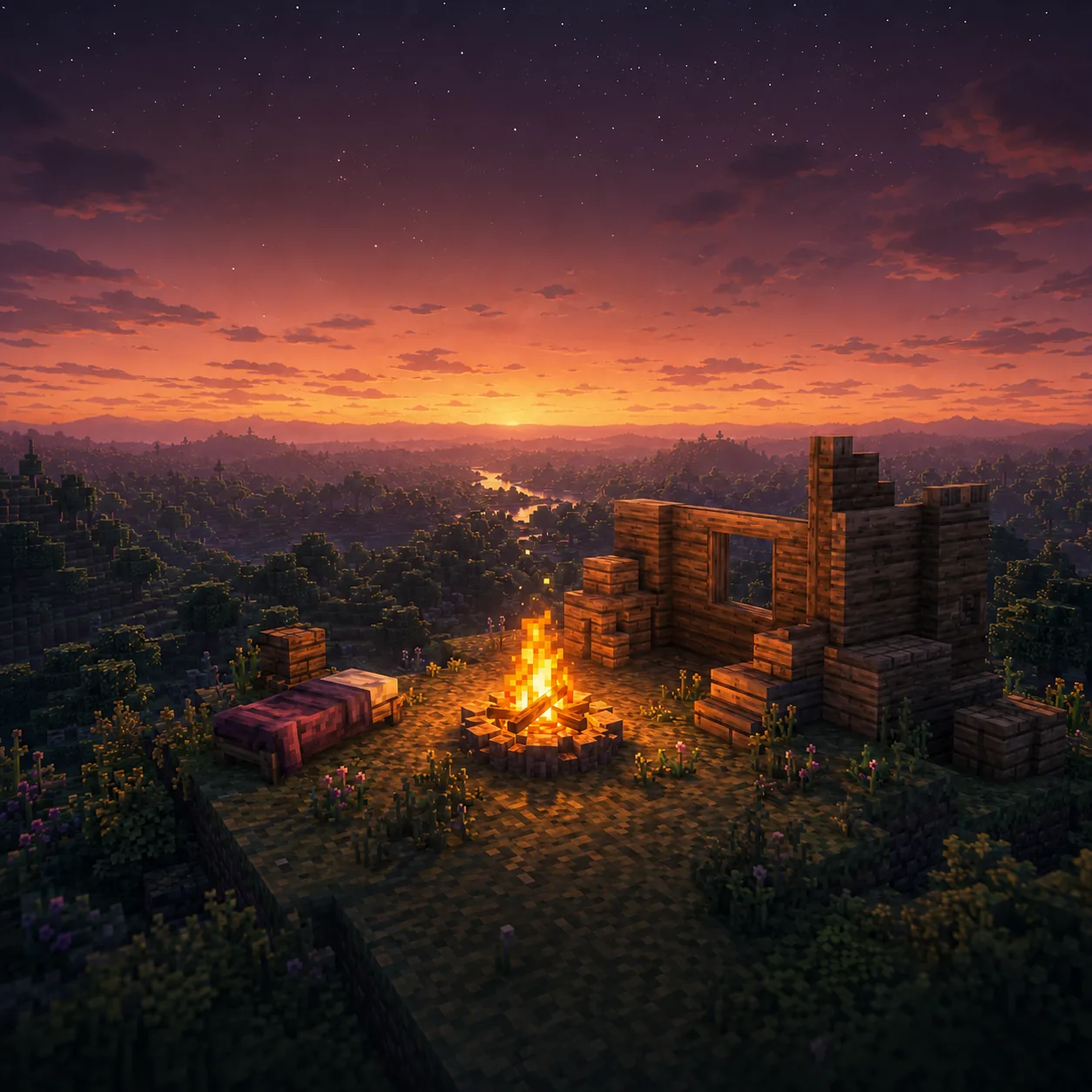 A half-built plank cabin with a bed and a crackling campfire on a flower-dotted hilltop at sunset.