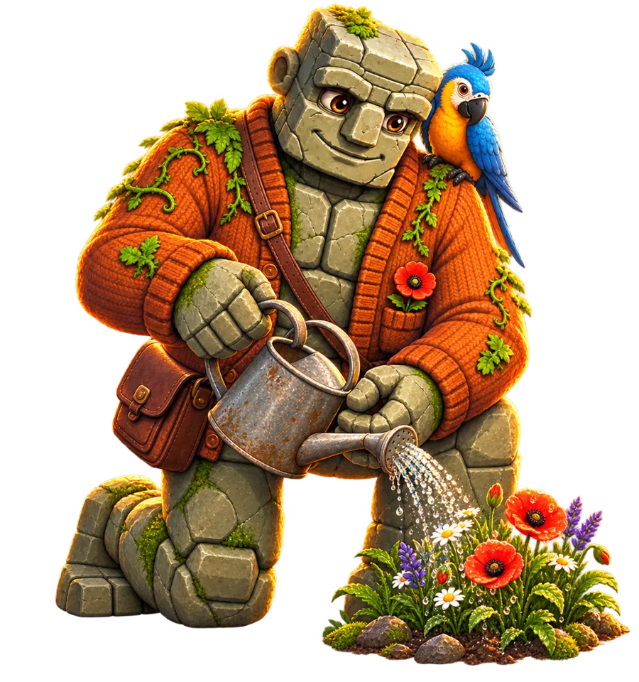 Homey the golem groundskeeper watering a bed of flowers with his watering can.