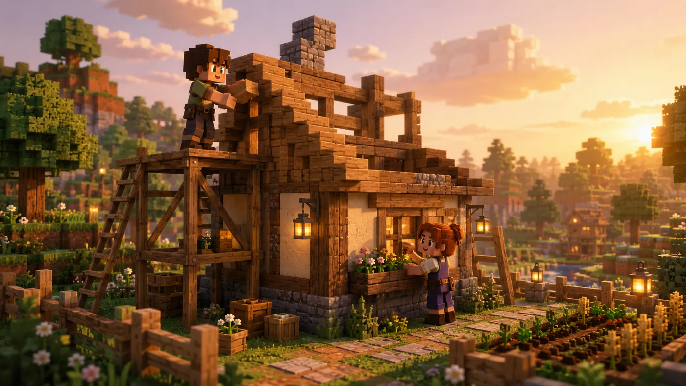 Blocky friends building together on a hillside at golden hour, tools in hand.
