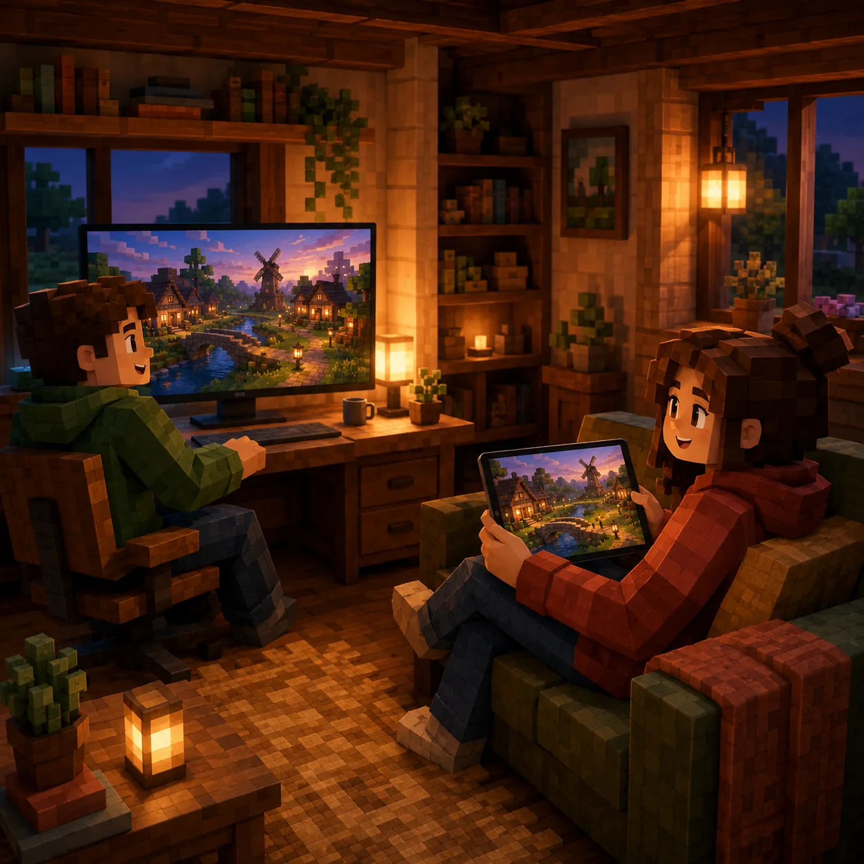 Two blocky players sharing one living room, playing the same village world together on a PC and a tablet.