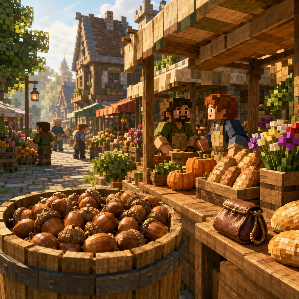Blocky market stalls selling bread, pumpkins, and flowers, with a barrel of Acorns out front.