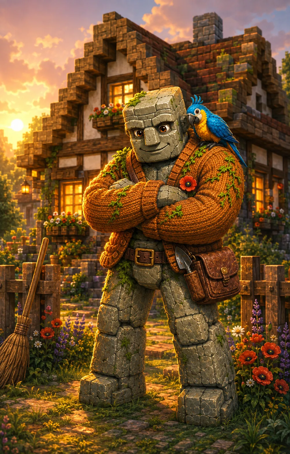 Homey the golem groundskeeper standing guard with crossed arms in front of a cottage and a wooden fence.