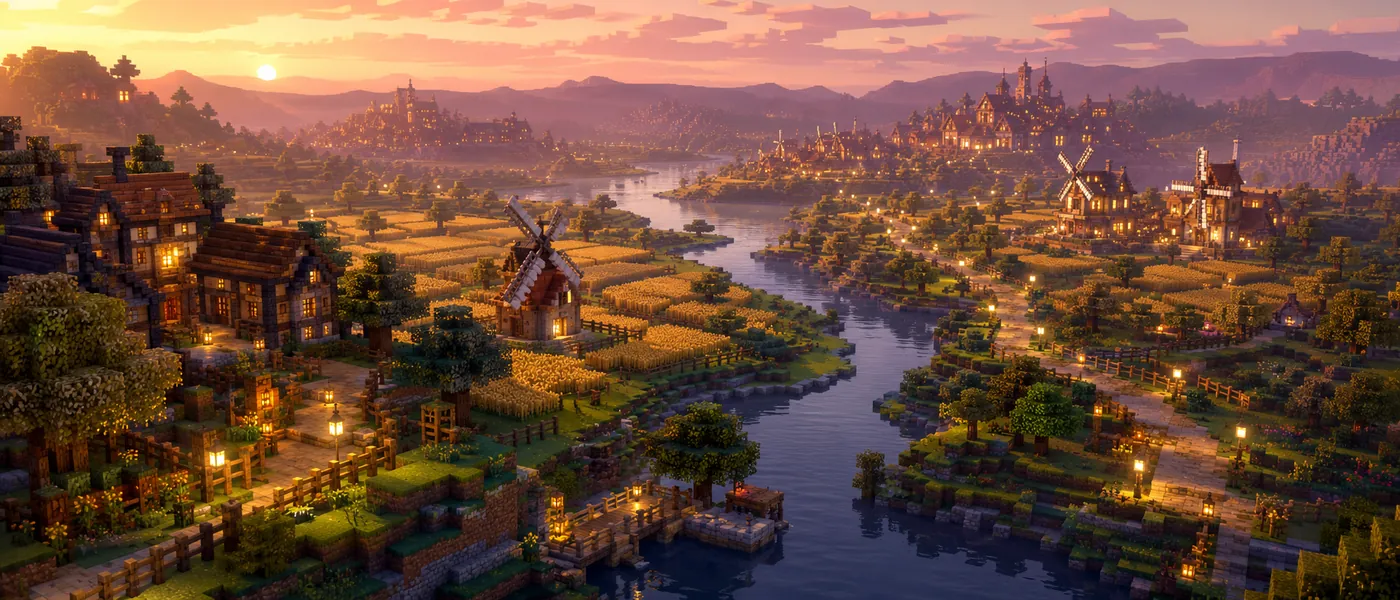 A river valley at golden hour with blocky cottages, farm terraces, and a wooden bridge over the water.