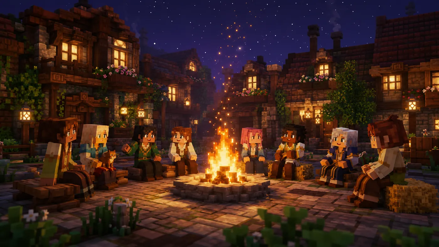 Blocky villagers gathered around a bonfire at night with lanterns strung between the houses.
