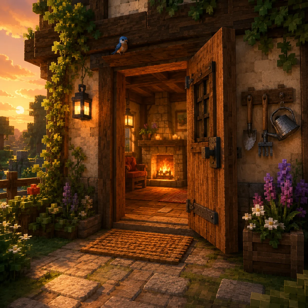 An open cottage door at sunset revealing a warm firelit hearth and hanging lanterns inside.
