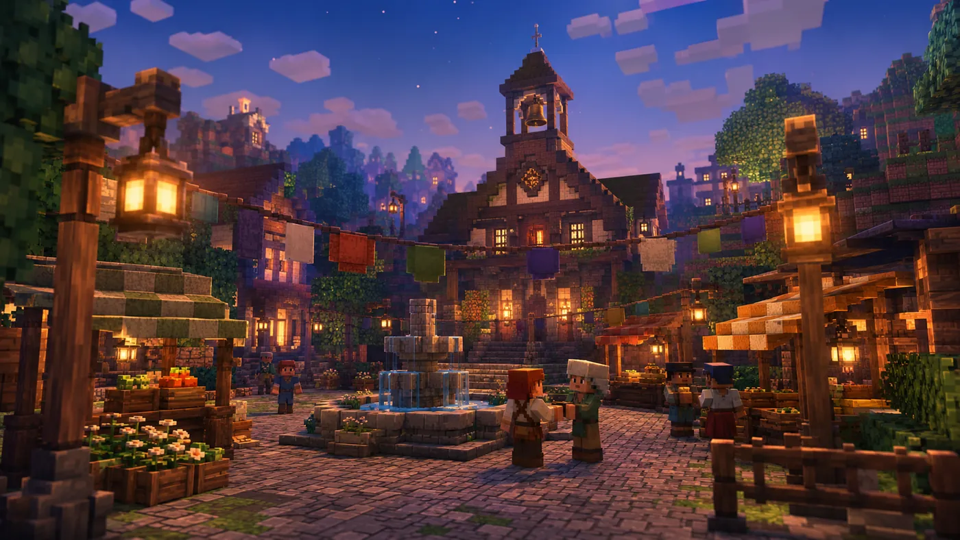 A blocky town square at sunset with market awnings, lanterns, and villagers gathered by a fountain.