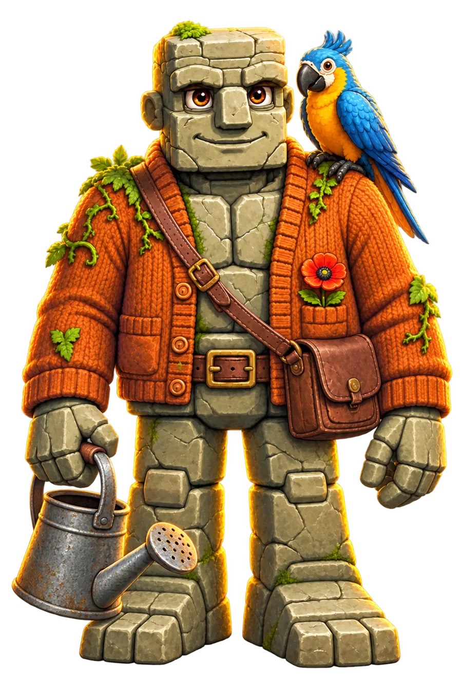 Homey the golem groundskeeper standing with his watering can.